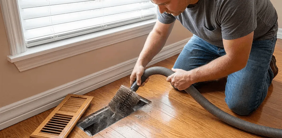 Air duct cleaning technician vacuuming a floor vent and duct opening in New Orleans, LA