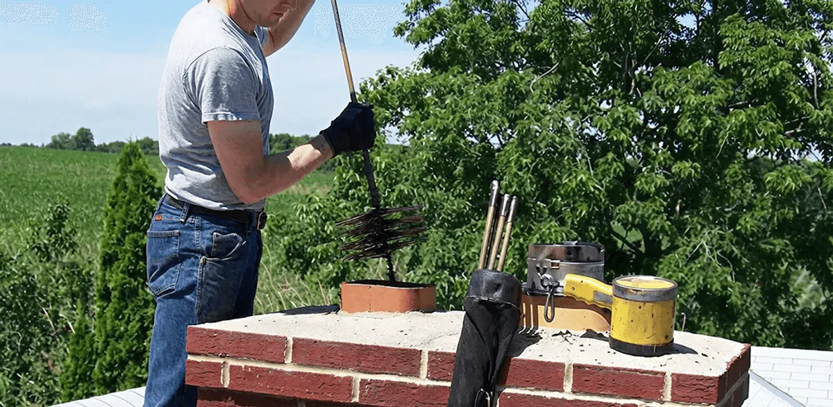 Chimney cleaning technician working on a rooftop chimney with professional tools in New Orleans, LA