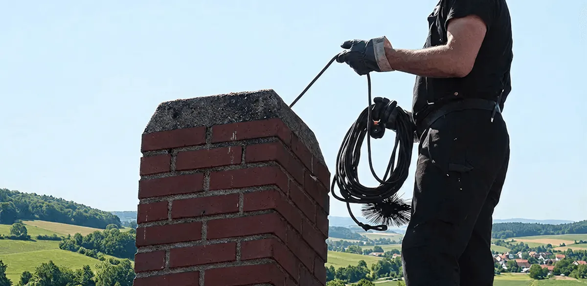 Chimney sweep inspecting and cleaning a rooftop chimney in New Orleans, LA