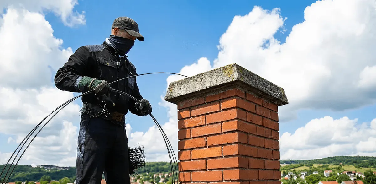 Chimney sweep cleaning a brick chimney with professional tools in New Orleans, LA