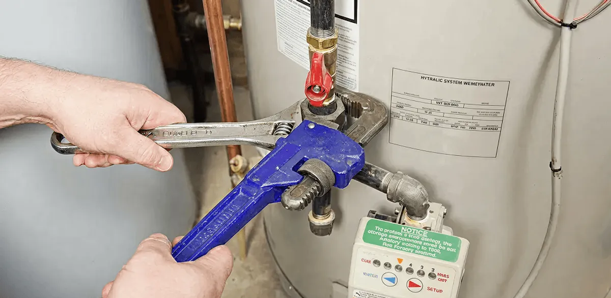 Water heater repair technician tightening the shutoff valve and supply line in New Orleans, LA